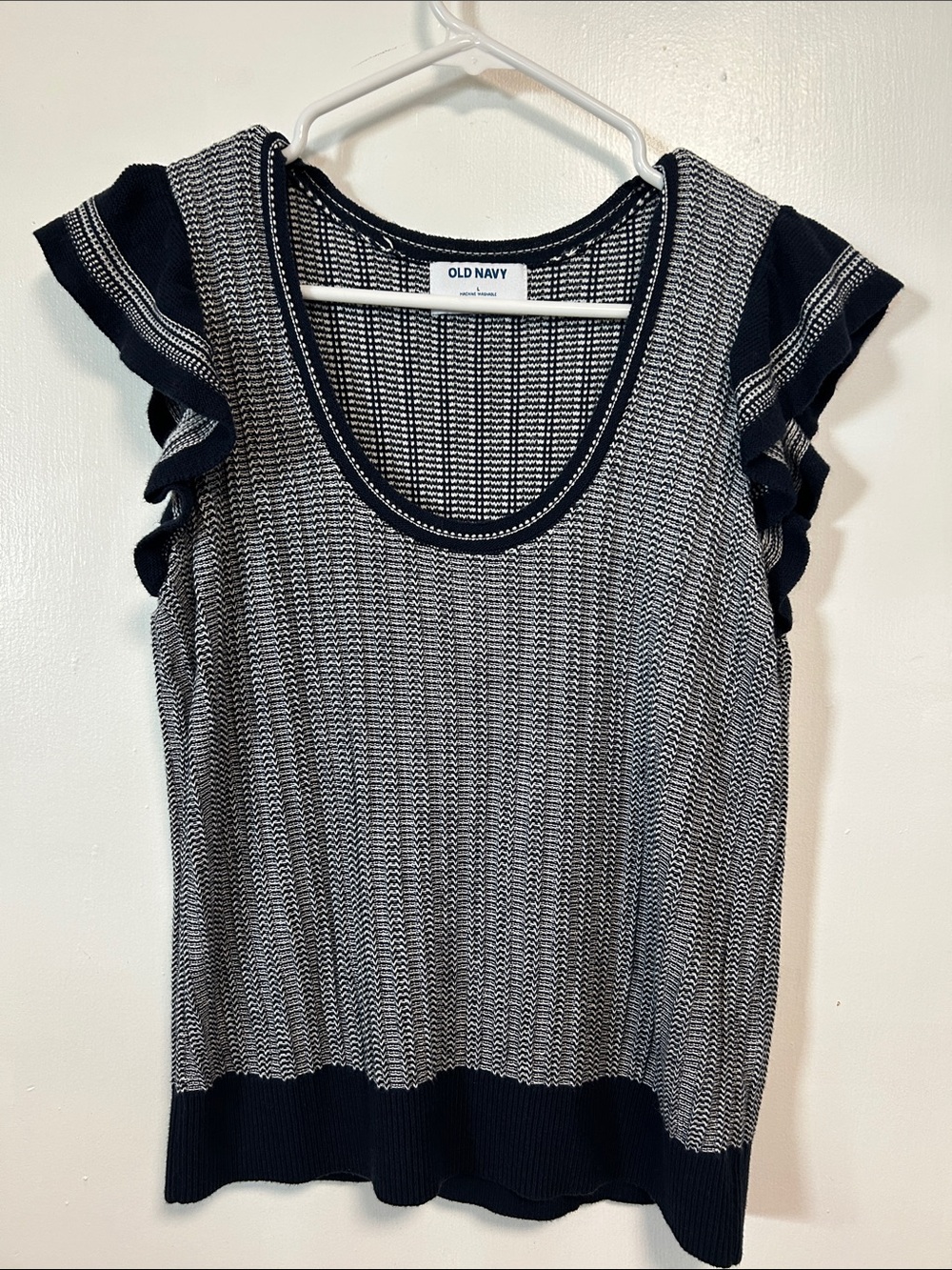 Old Navy Navy and White Knit Ruffle Sleeve Tank